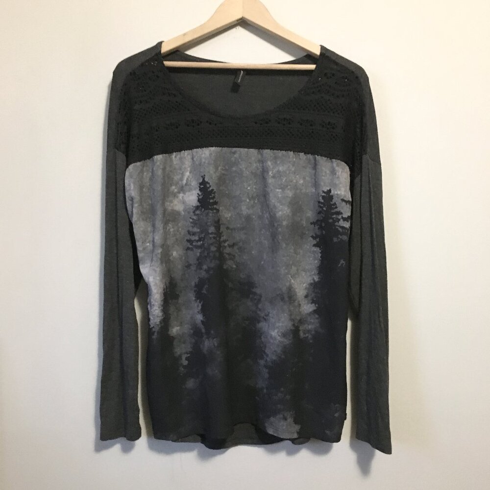 Lost in The Woods Print Crochet Collar Long Sleeve Viscose Top M Gothika